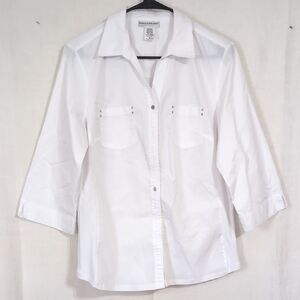 Rebecca Malone White Collared Button Up 3/4 Sleeve Size Medium